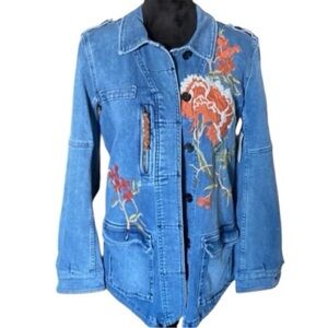 Pilcro And That Letterpress Anthropologie Embroidered Blue Denim Jacket Size L